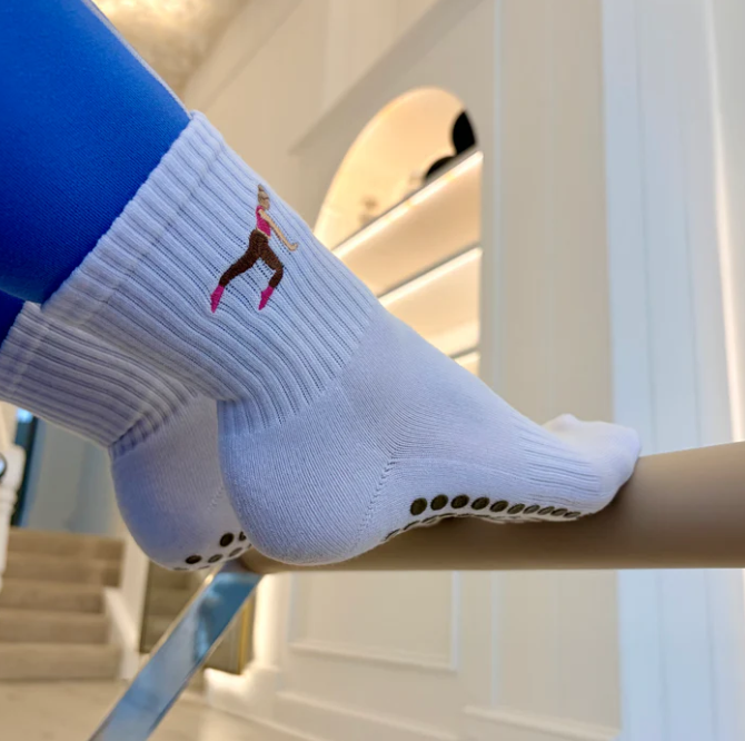 Blonde Pilates Girl Grip Sock – White Crew Sock with Studio Grip