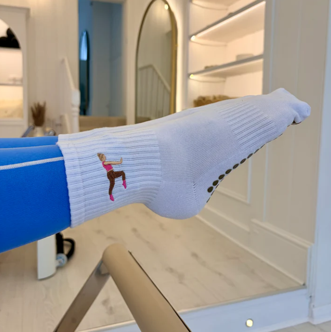 Blonde Pilates Girl Grip Sock – White Crew Sock with Studio Grip