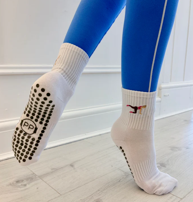 Blonde Pilates Girl Grip Sock – White Crew Sock with Studio Grip