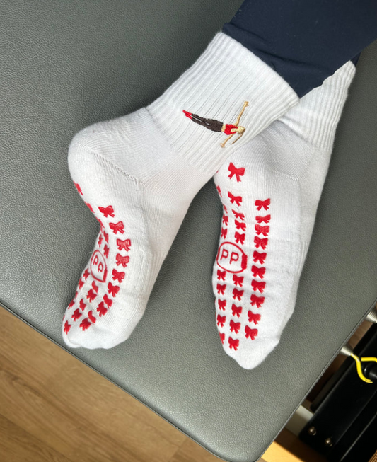 Side Plank Blonde Girl Grip Sock – Embroidered Crew Sock with Bow Grip