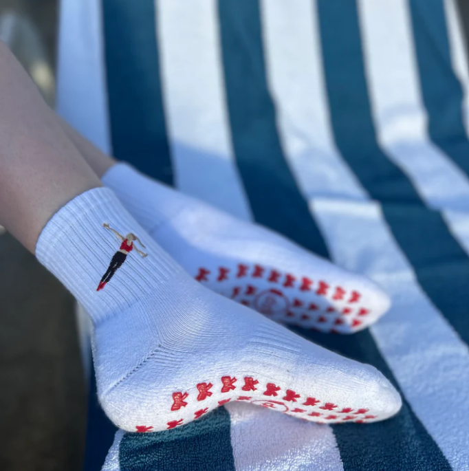 Side Plank Blonde Girl Grip Sock – Embroidered Crew Sock with Bow Grip