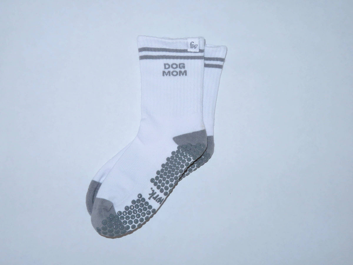 Footwrk Dog Mom grip socks in white and grey — product photo