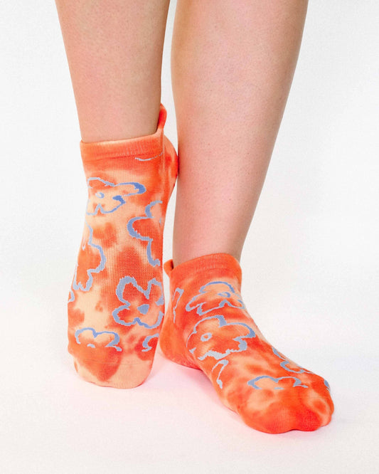 Pointe Studio Poppy Full Foot Grip Sock in orange floral tie-dye