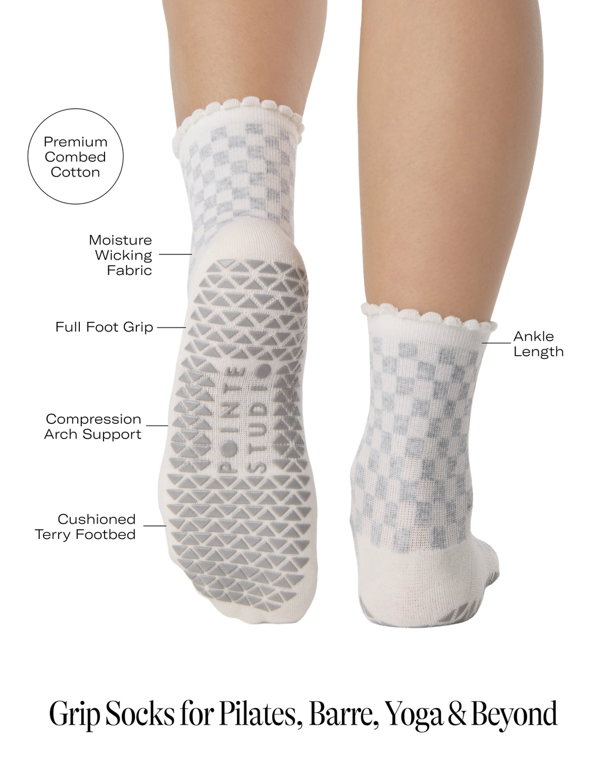 Women's Annie Ankle Grip Sock - White Checkered