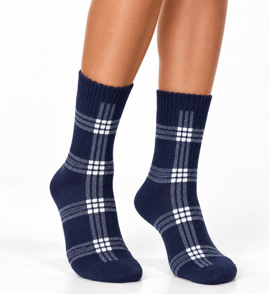 BROOKLYN PLAID NAVY grip socks by Pilates University 1883 — product image 1