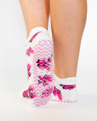 Pink floral Pointe Studio Petal grip sock with full-foot coverage