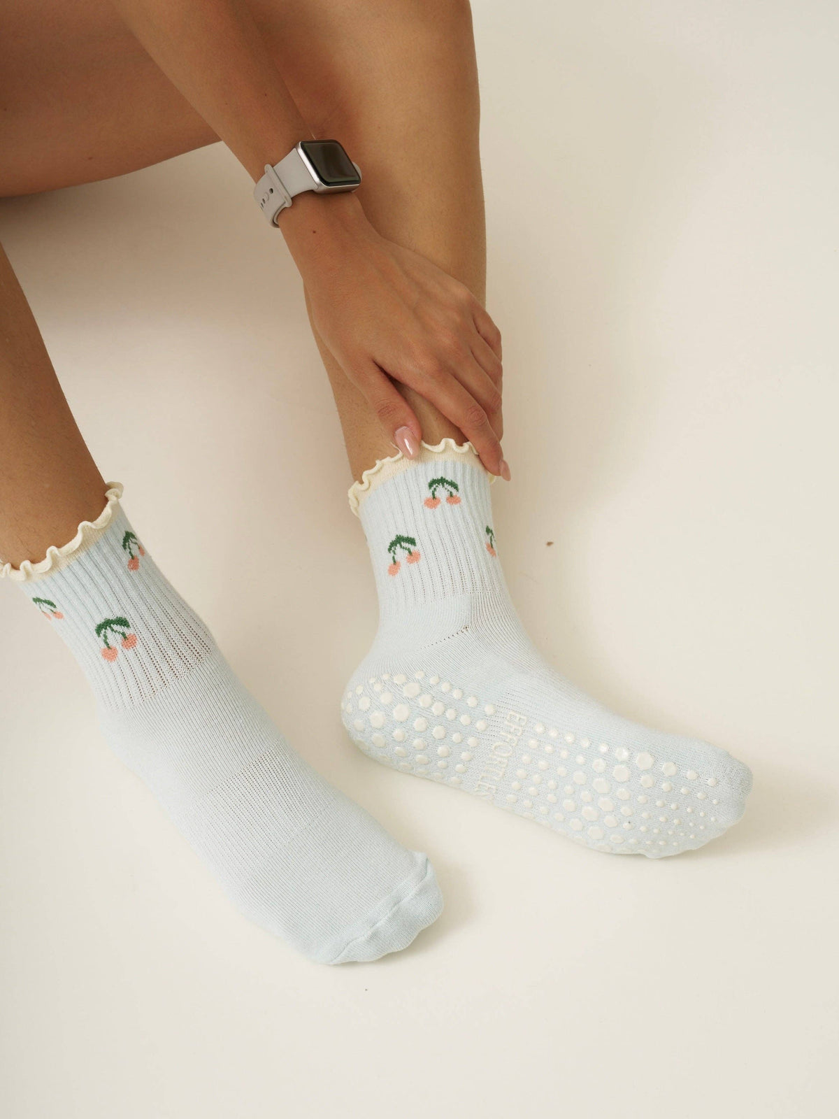 🍒 Cherry Ruffle Grip Sock – Baby Blue