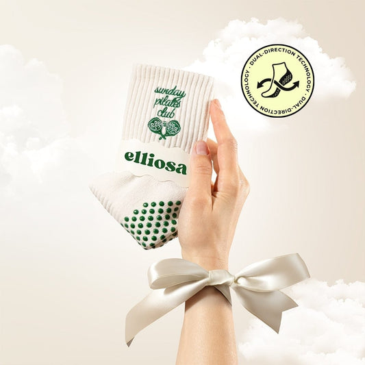Elliosa Sunday Pilates Club Dual-Direction grip sock in cream and green