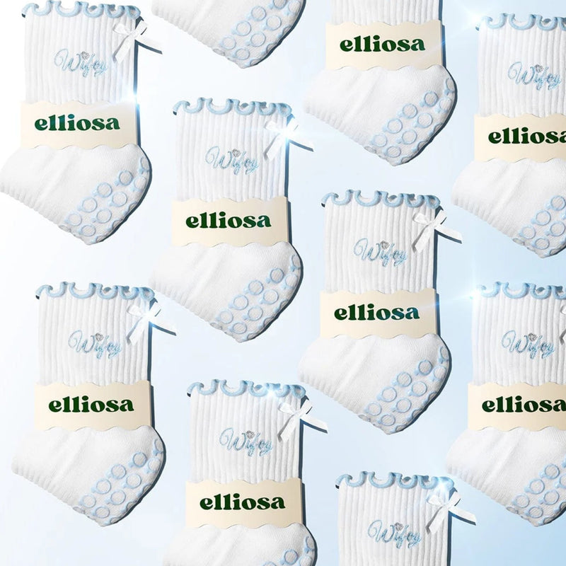 Elliosa Wifey grip sock bow and embroidery detail