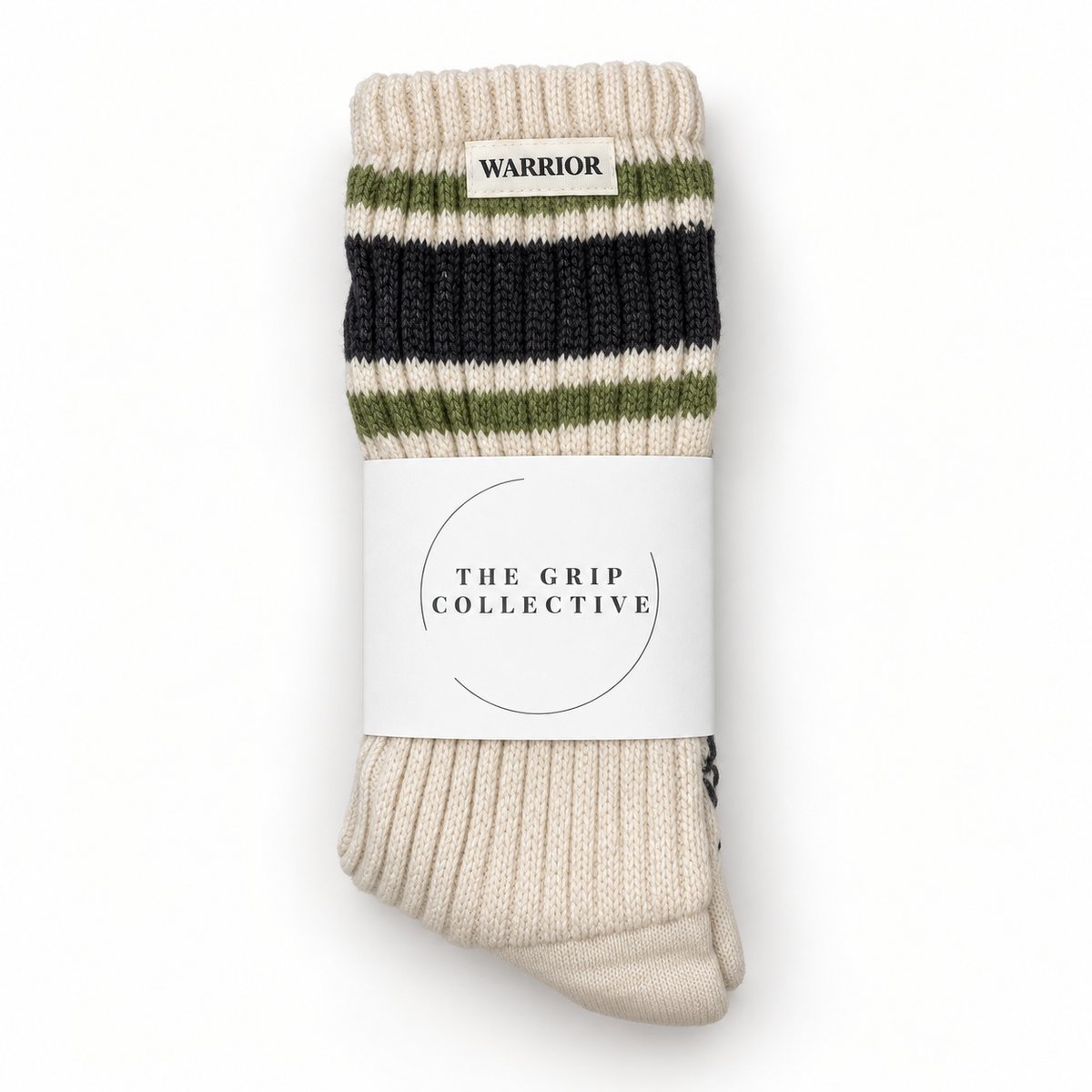 Linda's Warrior cream crew grip socks with WARRIOR label and green charcoal stripes