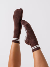 Reformer Loops Cocoa and Cream Stripe quarter grip socks product view
