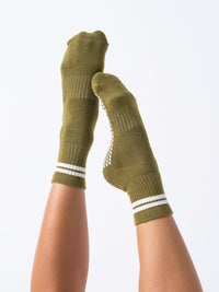 Reformer Loops Olive and Cream Stripe quarter grip socks product view