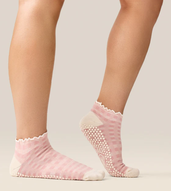 Low Rise Grip Socks - Gingham Frill Rose