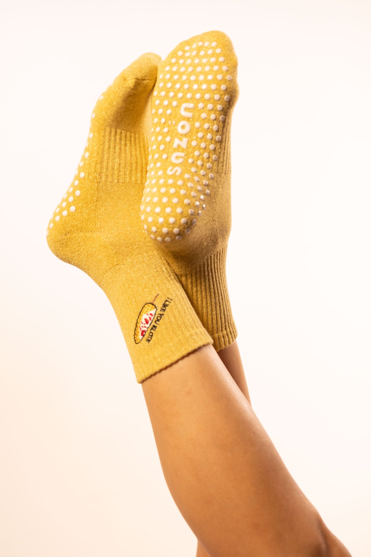 Sazón Grip I Like You Elote crew socks lifestyle view