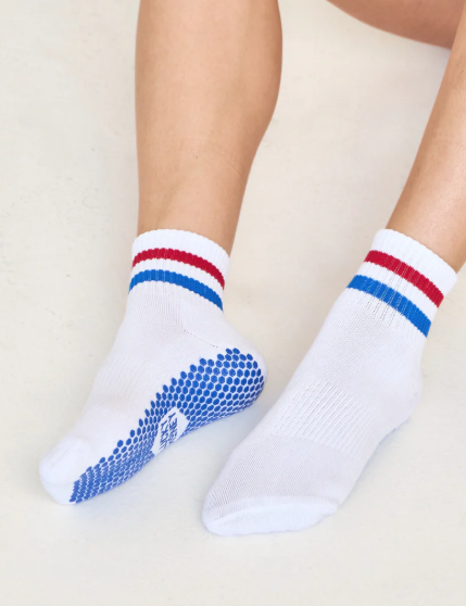 Lucky Honey Boyfriend Grip Sock - White with Red and Blue Stripes