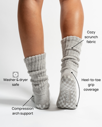 The Slouch Grey features including arch support and heel-to-toe grip