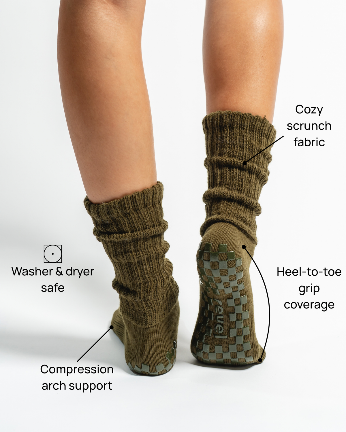 The Slouch Olive features including arch support and heel-to-toe grip