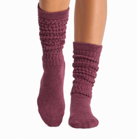 Tavi Stacy slouch grip socks in Bordeaux Melange, front view