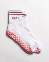 Revel Athletic Sportyish white crew grip socks with burgundy stripes and embroidery and pink GripGrid soles