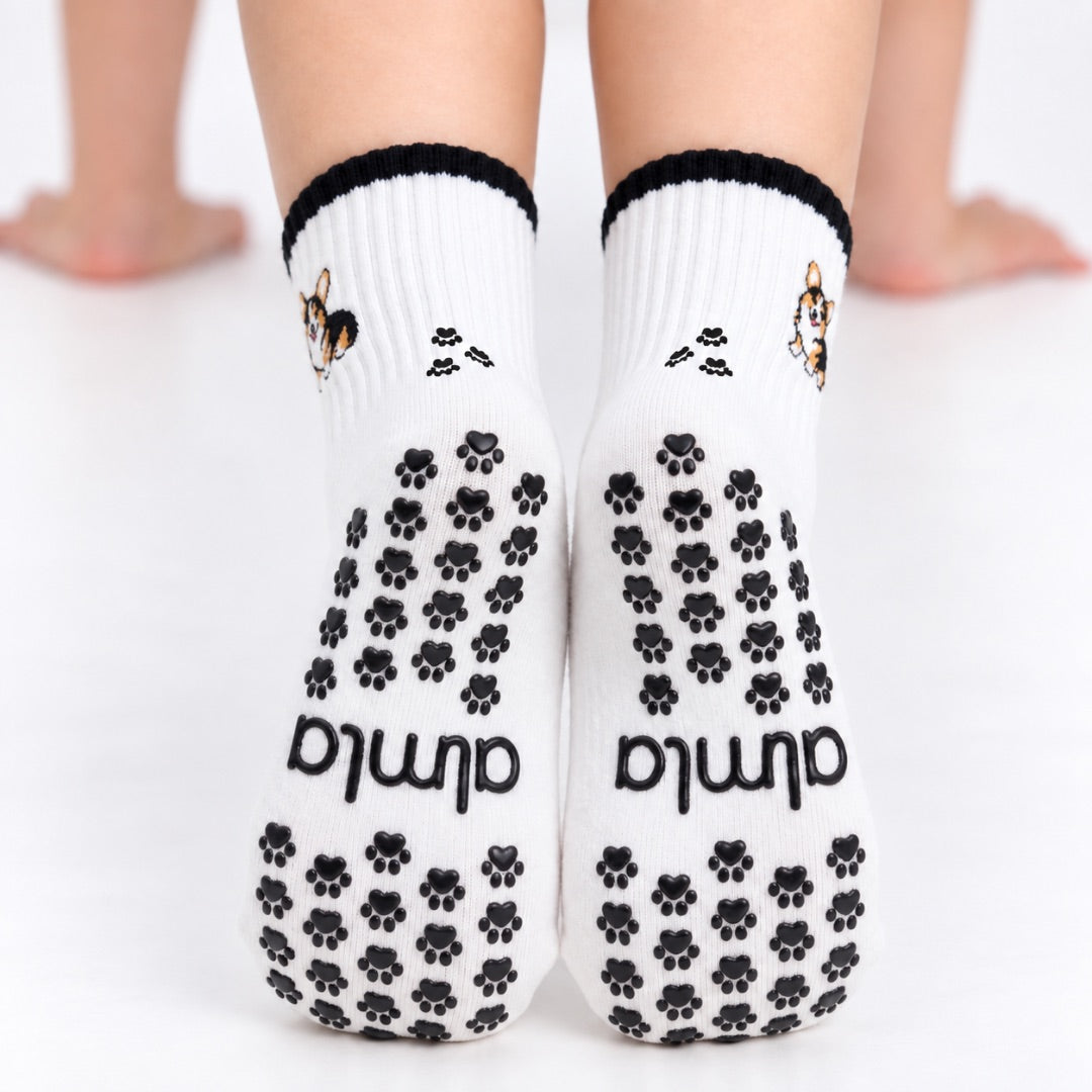 Tri Color Corgi Grip Sock showing paw-print grips