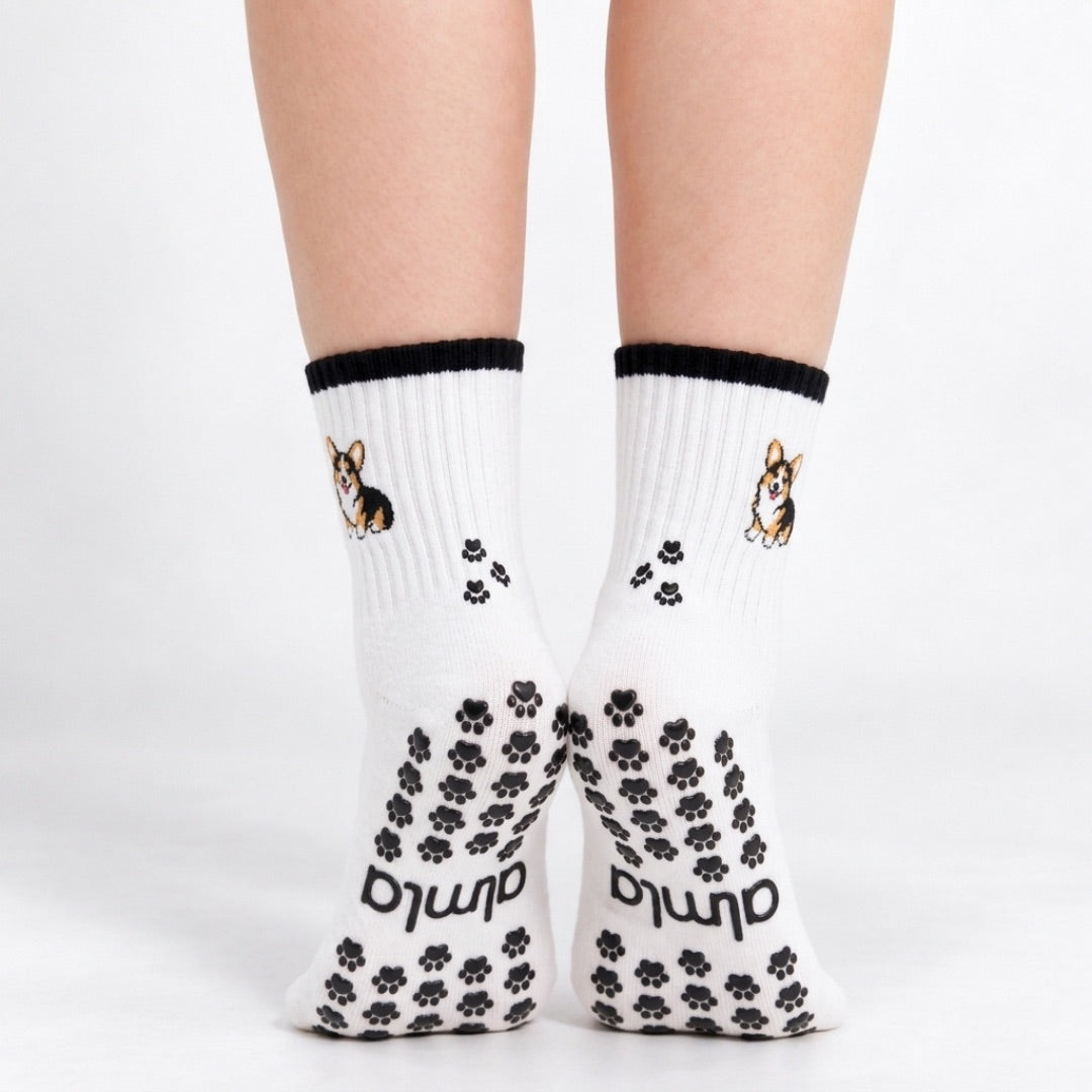 Tri Color Corgi Grip Sock studio lifestyle image